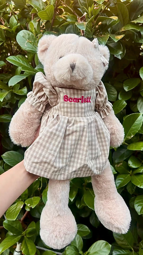 Personalised Embroidery Teddy Bear in Dress, Custom Embroidered Snuggle Plush Toy, Baby Shower Birthday, Mum Daughter Sisters Keepsake Gift
