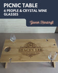 Engraved Foldable Bamboo 6 People Picnic Table & Crystal Wine Glasses