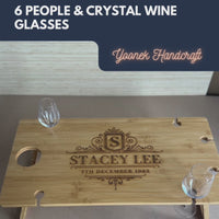 Engraved Foldable Bamboo 6 People Picnic Table & Crystal Wine Glasses