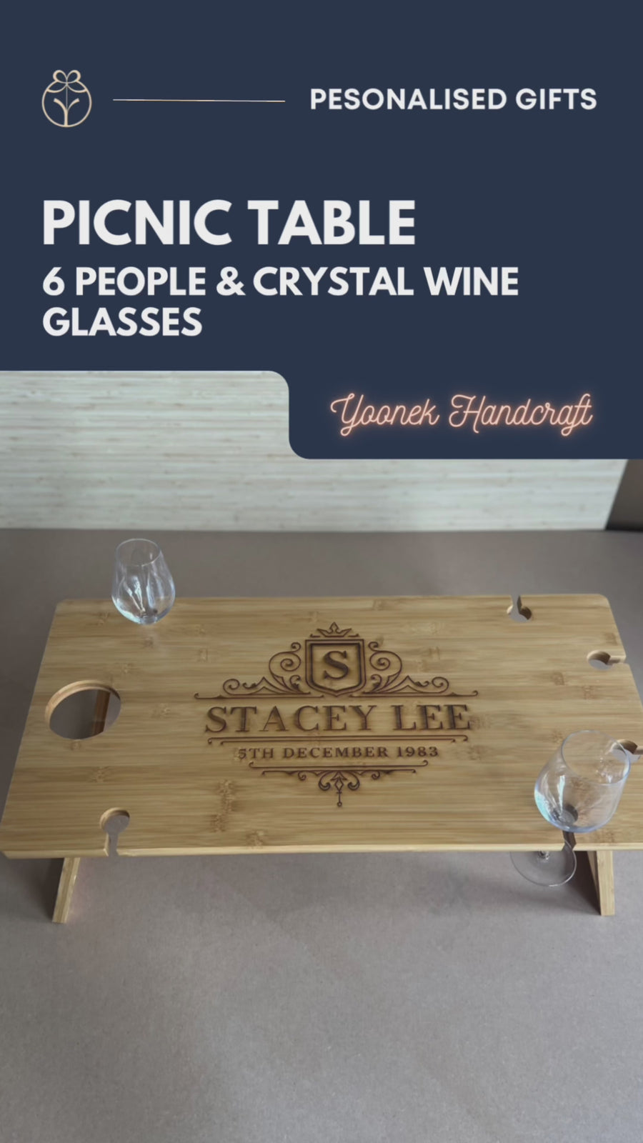 Engraved Foldable Bamboo 6 People Picnic Table & Crystal Wine Glasses