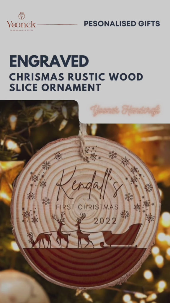 Custom Engraved Christmas Rustic Wood Slice Ornament, Personalised First Engaged Married Wreath Family Hanging Tree Baubles, Decor Gift Tags