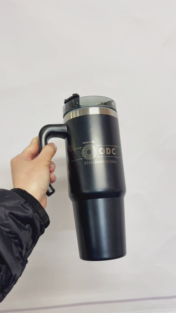 Personalised Engraved Stainless Steel Insulated Handle Tumbler & Straw Set, Laser Engraved Custom Logo Travel Thermal Drink Bottle, Coffee Cup, Corporate Birthday Gift