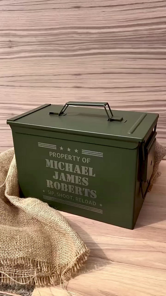 Personalised Military Whiskey Ammo Can Gift Box, Decanter, 2 Scotch Glasses & 6 Ice Stones Set, Etched Army Barware Groomsman Dad Gift Set