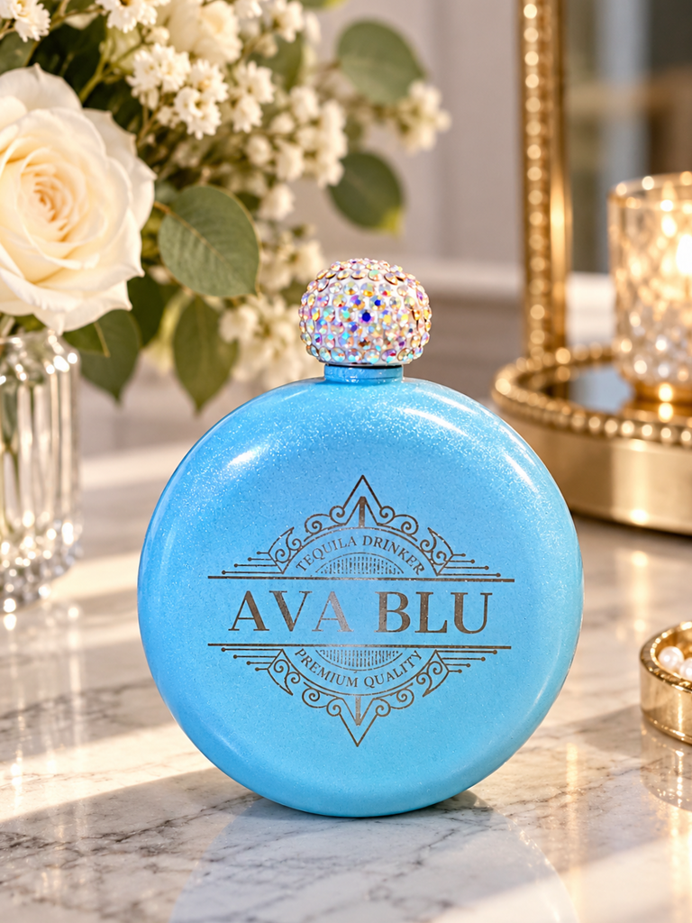 Personalised Glitter Round Hip Flask, Engraved 5oz Flask with Rhinestone Lid, Bridesmaid Proposal Gift, Hens Party Gift, Custom Gift for Her