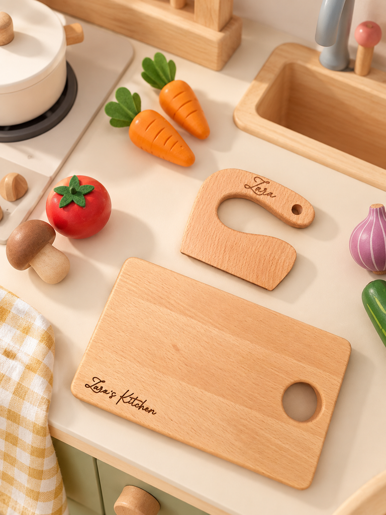 Personalised Kid Wooden Kitchen Cooking Tool Set & Cutting Board, Custom Engraved Junior Chef Children Learning Toy Baby First Birthday Gift