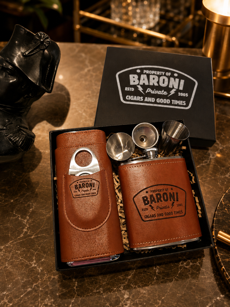 Personalised Tan Leatherette Hip Flask & Cigar Case Set, Custom Engraved Logo Cedarwood Humidifying Holder, Groomsman Dad Corporate Gift Box