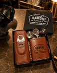 Personalised Tan Leatherette Hip Flask & Cigar Case Set, Custom Engraved Logo Cedarwood Humidifying Holder, Groomsman Dad Corporate Gift Box
