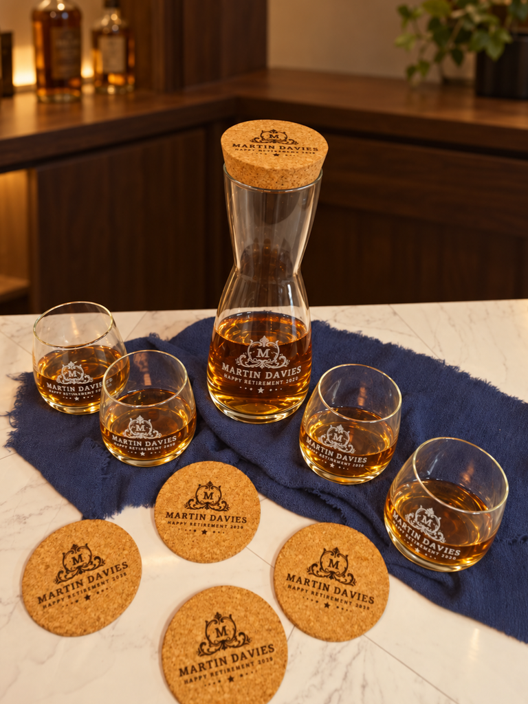 Personalised Carafe Set with 4 Glasses, Cork Coasters & Lid, Custom Engraved Whiskey, Drink, Juice, Wine Decanter, Wedding, Housewarming Gift