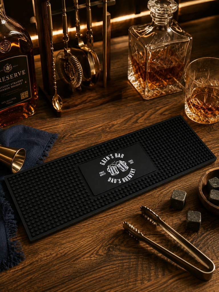 Personalised UV Print Bar Mat, Custom Logo Black Rubber Runner, Man Cave Pub Café Cocktail Home Bar, Bartender, Housewarming, Corporate Gift