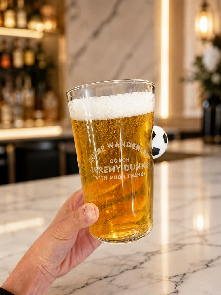 Personalised 550mL Soccer Ball Handle Beer Glass, Engraved Brewery Footbal Mug, Dad Birthday, Wedding Groomsmen, Custom Logo Corporate Gift