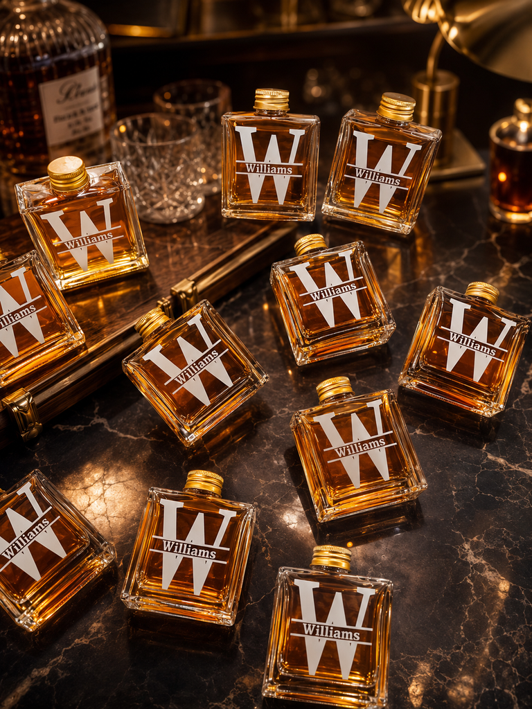 Personalised 100ml Square Clear Glass Mini Bottle, Custom Print Cocktail Shot Bonbonniere Wedding Favour Groomsmen Bridesmaid Corporate Gift