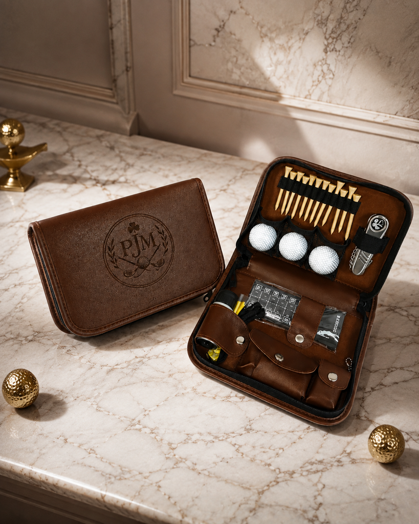 Personalised Golf Essentials Kit, Custom Engraved Leatherette Balls, Tees, Divot tool, Brush, Rangefinder Accessories Set Dad Groomsman Gift