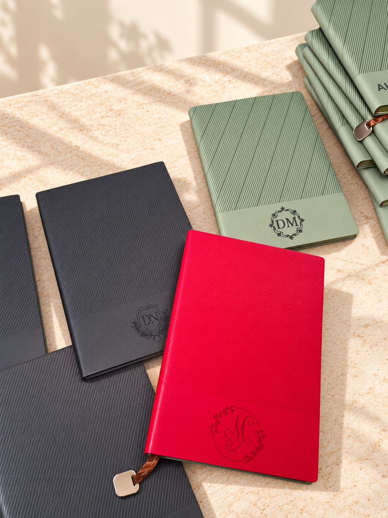 Personalised Striped Leatherette A5 Notebook & Bookmark Charm, Custom Etched Logo Business Journal, Graduatio, Teacher Office Corporate Gift
