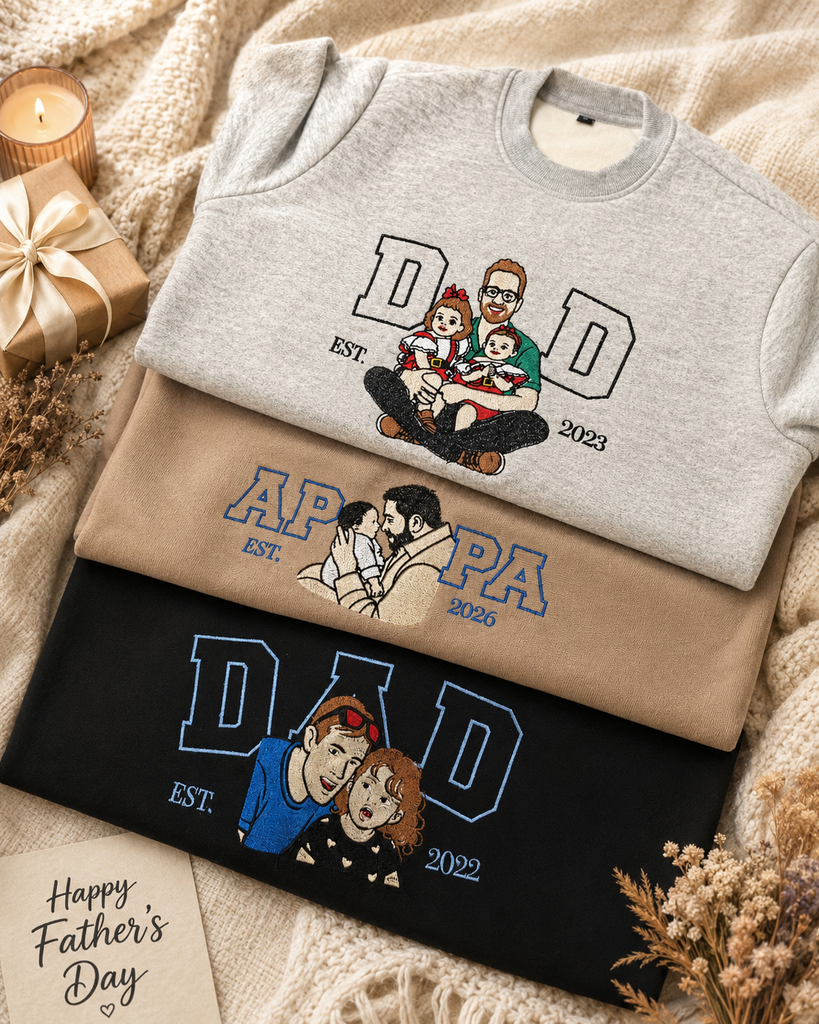 Custom Photo Embroidered Dad Sweatshirt, Personalised Family Portrait Jumper, Oversized Crewneck Name Embroidery, Father's Day, Gift for Him