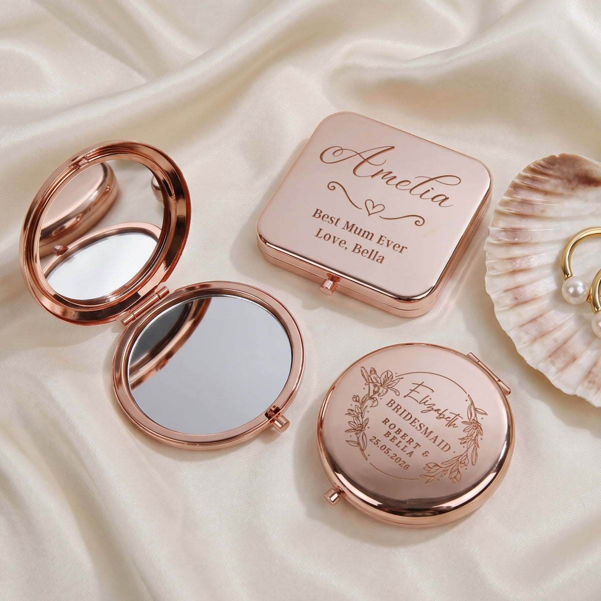 Metal pocket makeup mirror in rose gold, silver and gold