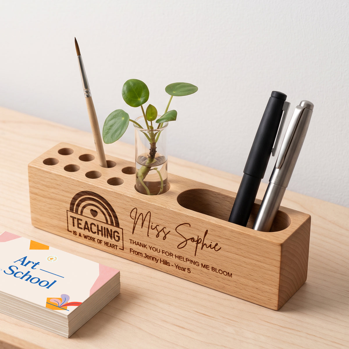Walnut and beech desk name display with business card holder and vase