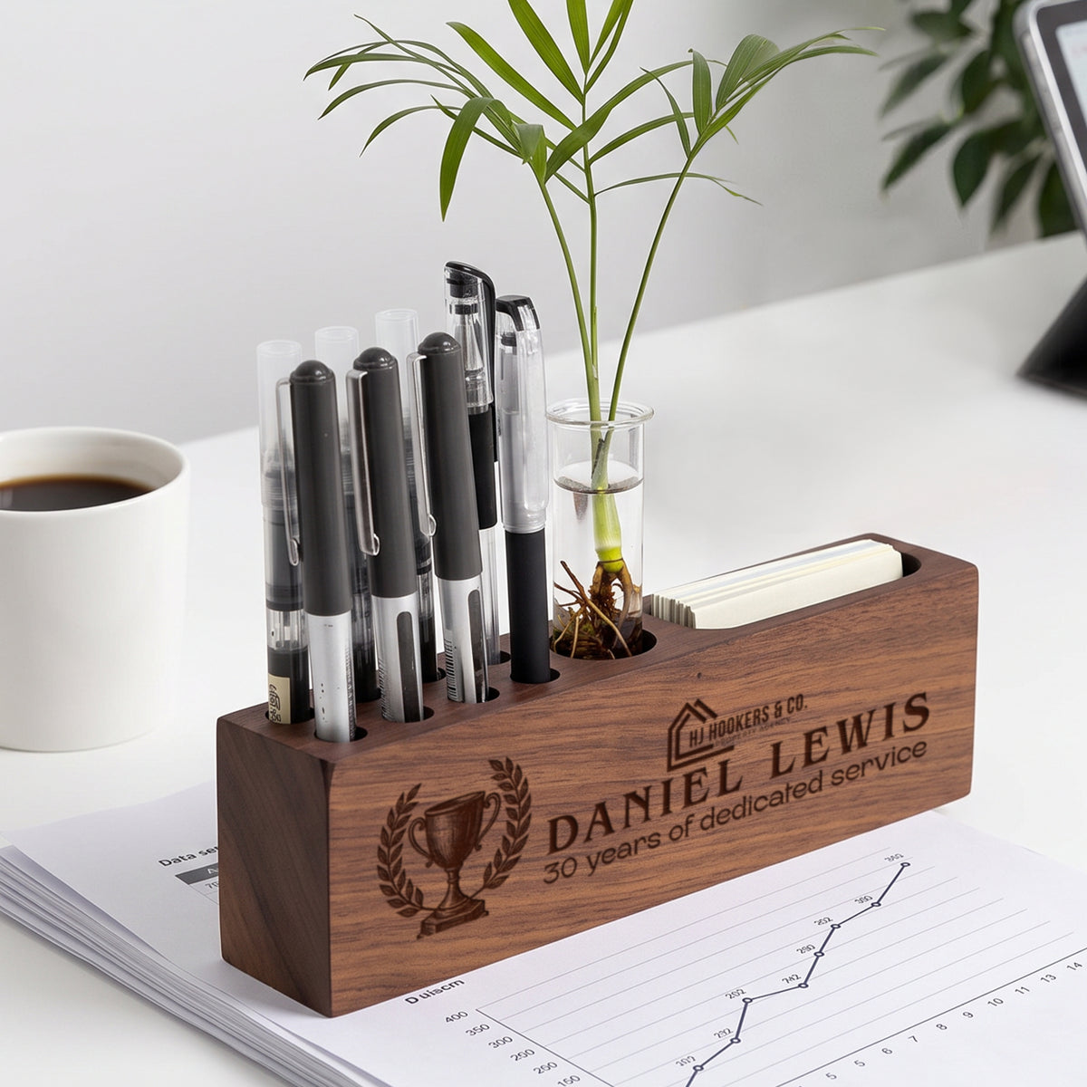 Wooden desk pen holder with glass test-tube vase