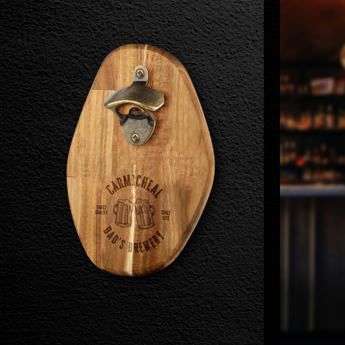 Personalised Acacia Wooden Wall Mounted Beer Cap Bottle Opener,  Custom Engraved Name/ Logo Father's Day, Christmas, Groomsmen Gift