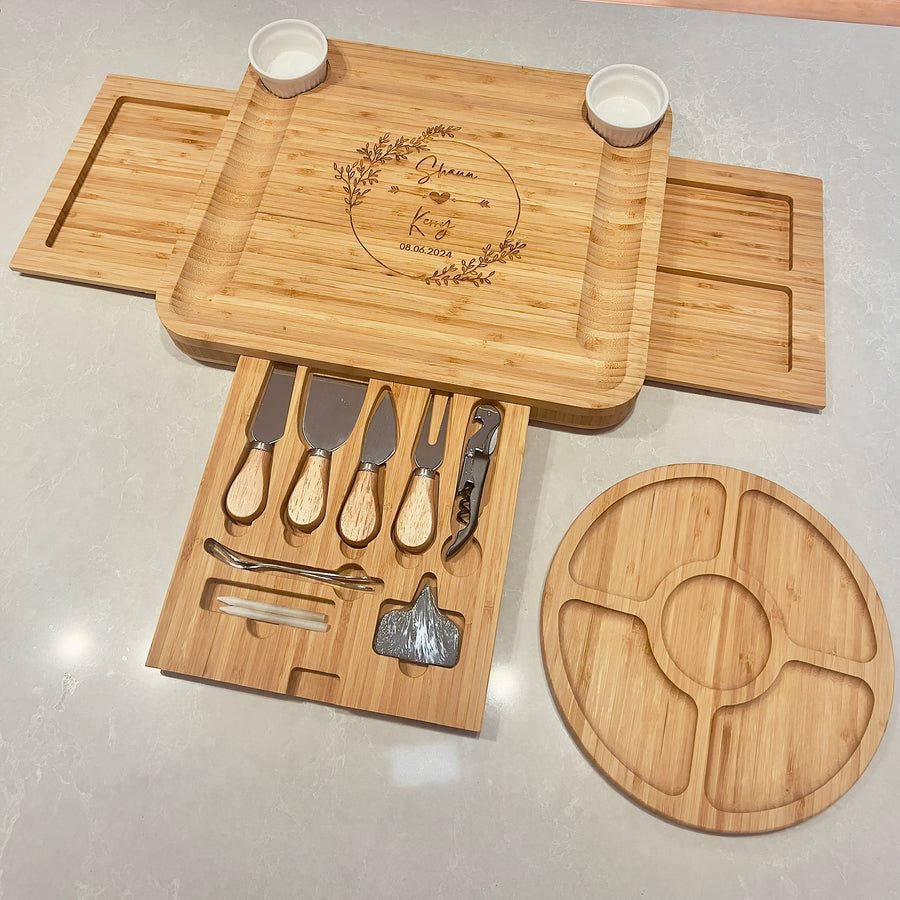 Personalised Bamboo Pull Out 3 Drawer Cheese Board & Knife Tools Set with Fruit Tray, Engraved Wooden Charcuterie Platter, Anniversary Gift
