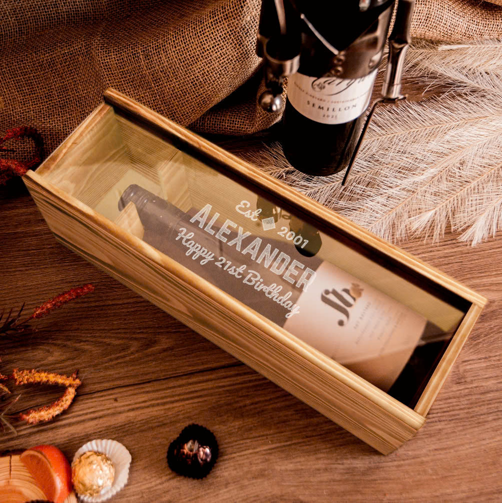 Engraved Clear Lid Vintage Rustic Wooden Wine Box