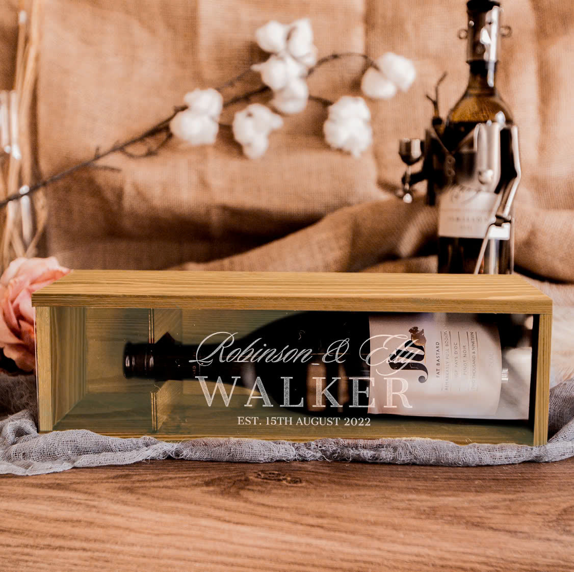 Engraved Clear Lid Vintage Rustic Wooden Wine Box