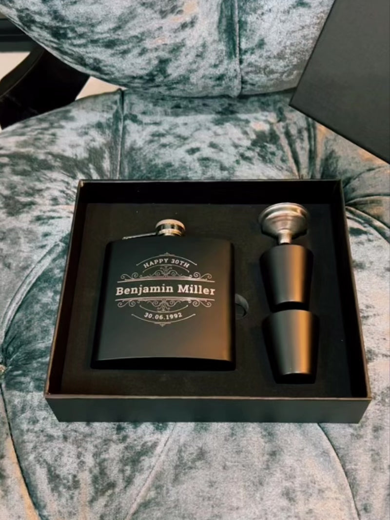 Personalised Engraved Stainless Steel 170ml 6oz Hip Flask, Funnel & Shot Glasses - FREE Gift Boxed, Laser Etching Custom Logo Wedding/ Groomsman/ Godfather Favour