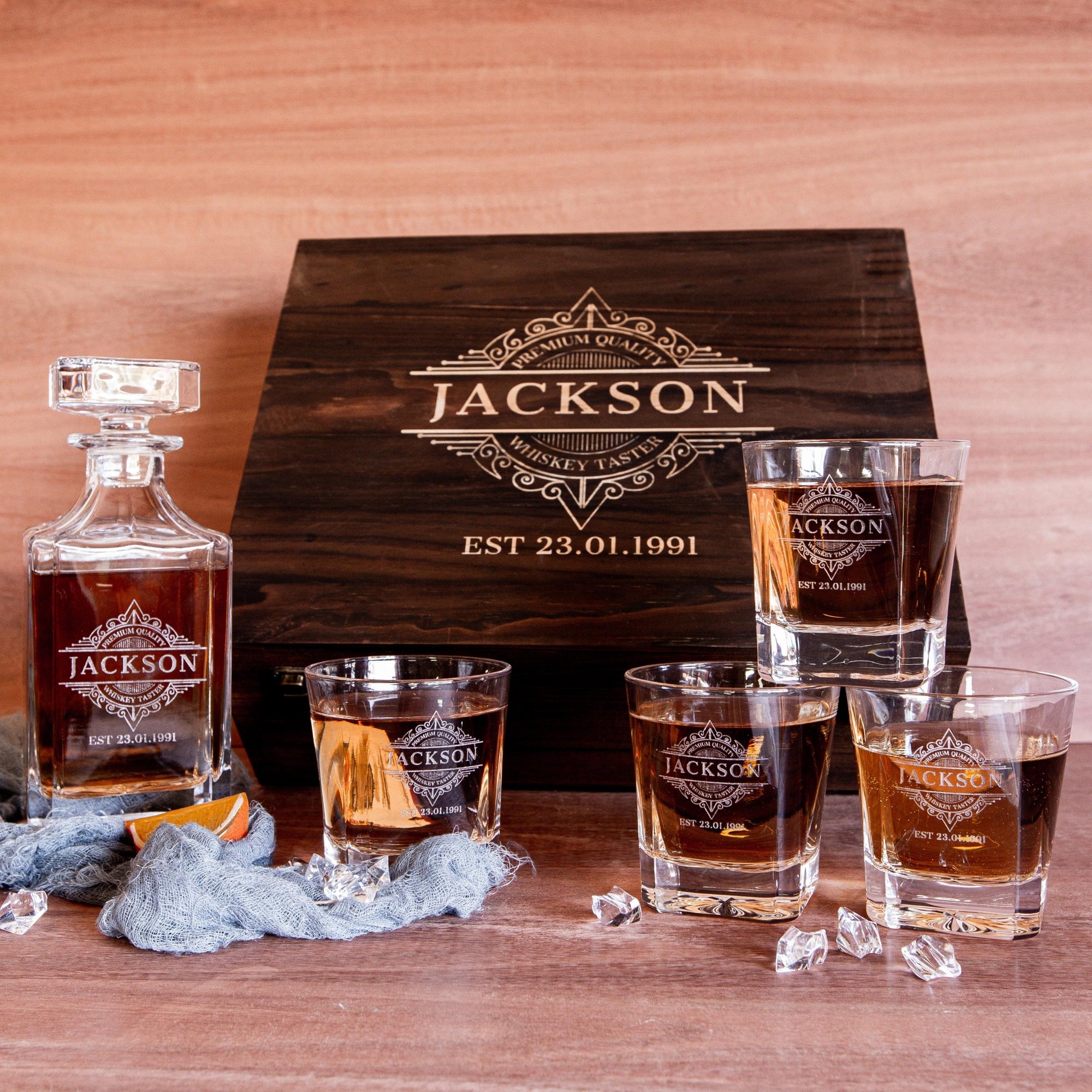 Engraved Wooden Boxed Whiskey Decanter Set &amp; 4  Scotch Glasses, Personalised Custom Vintage Whisky Barware Birthday Gift Dad/ Him, Groomsmen
