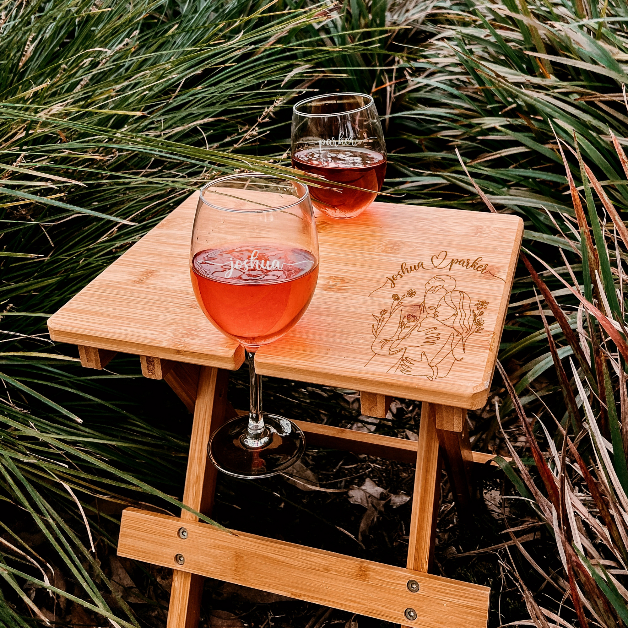 Engraved Portable &amp; Foldable Bamboo Travel Picnic Table Plus Couple Wine Glasses, Corporate/ Housewarming Gift, Wedding Bridesmaid Favour