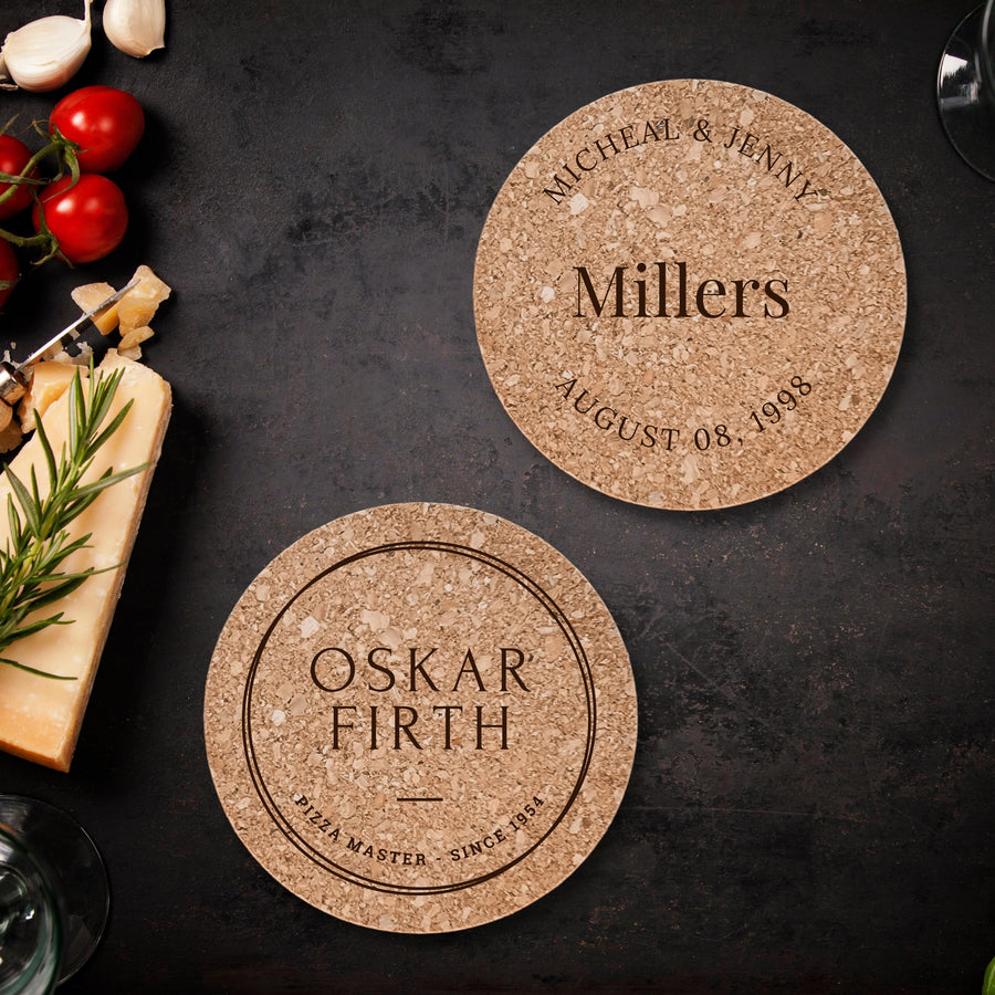 Personalised Round Cork Heat Pot Stand/ Holder, Custom Engraved Proof Mat Hot Pad/ Trivet, Wedding, Anniversary, Housewarming, Birthday Gift