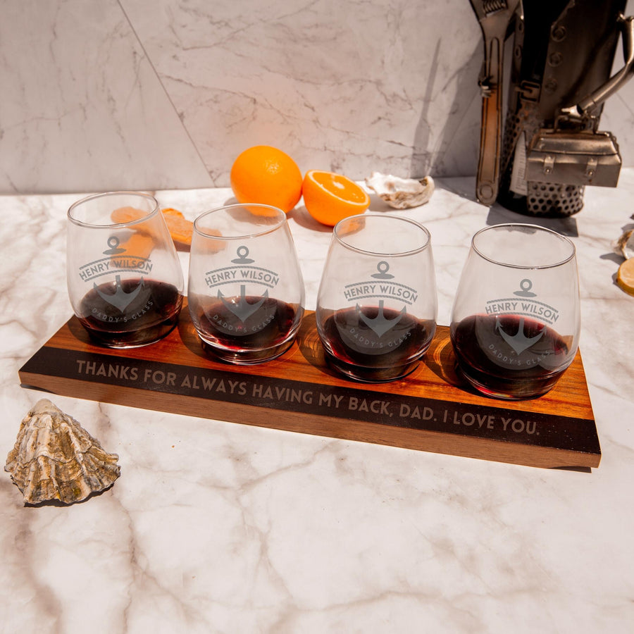 Engraved Set of 4 Wine Tasting Glasses & Acacia Wooden Flight Paddle, Custom Personalised Corporate/ Housewarming Gift, Groomsmen Favour