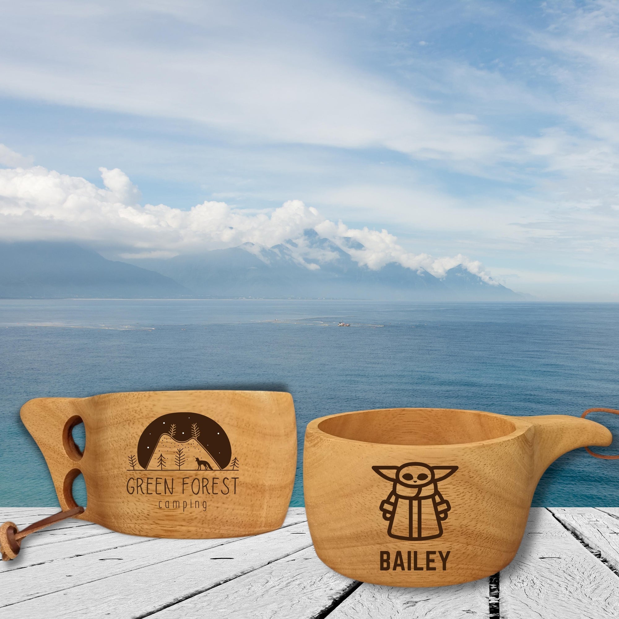 Personalised / Custom Engrave Kuksa Travel Wooden Mug &amp; FREE spoon, Memory Camping Family Cup/Housewarming/ Groomsmen/ Father Gift for Him