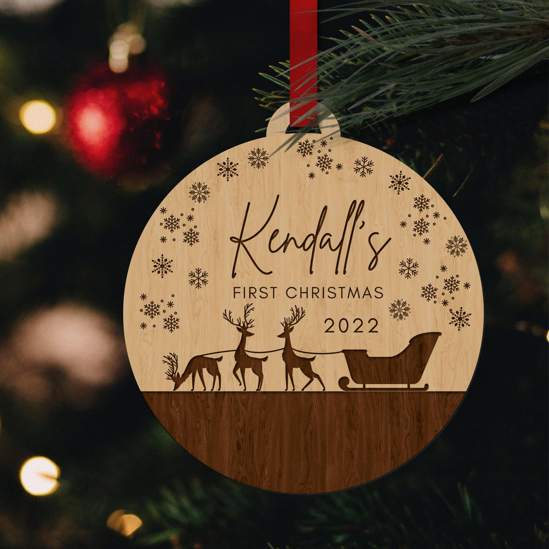 Personalised First Christmas Snowy Reindeer Baubles, Engraved Custom Name Birch Wooden Hanging Tree Merry Xmas, Happy New Year Ornament, Decor Housewarming Gift Tags