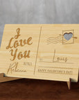 Personalised Wooden Valentine's Day, Anniversary Postcard, Custom Engraved Timber Love Message & Name Post Card with Display Stand, Wood Carved Keepsake Gift Card for Couple