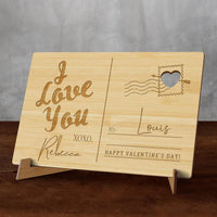 Personalised Wooden Valentine's Day, Anniversary Postcard, Custom Engraved Timber Love Message & Name Post Card with Display Stand, Wood Carved Keepsake Gift Card for Couple
