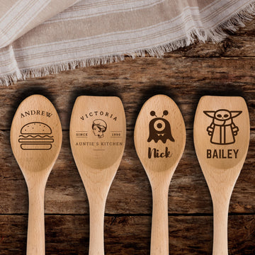 Personalised Wooden Mixing Spoon, Custom Laser Engraved Timber Spatulas Utensils Cooking, Mothers Fathers Day Gift for Grandma Nanny Grandpa