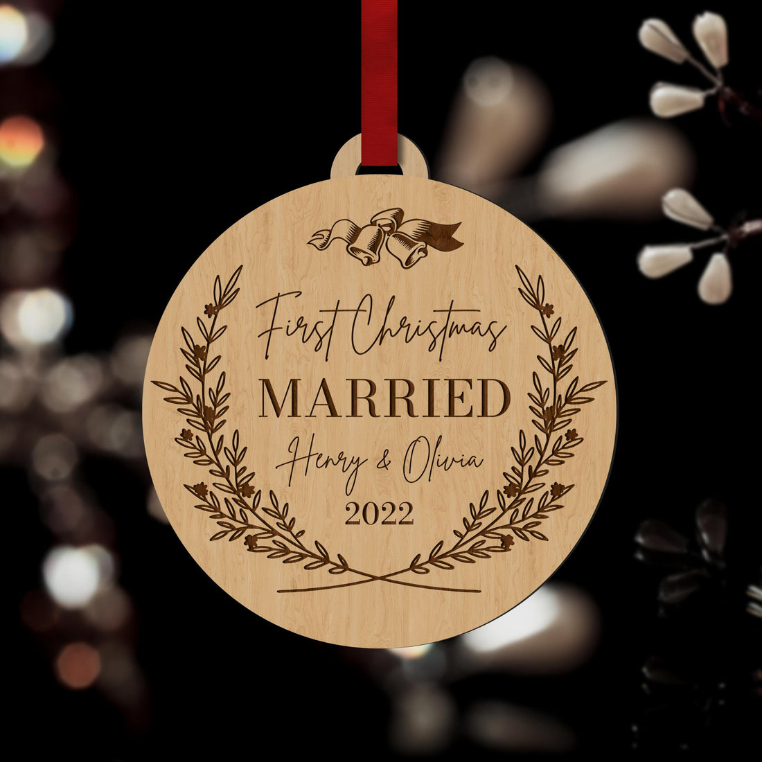 Personalised First Christmas Engaged/ Married Wreath Baubles, Engraved Custom Name Birch Wooden Hanging Tree Merry Xmas, Happy New Year Ornament, Decor Housewarming Gift Tags