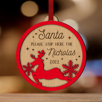 Personalised Double Layer Snowy Reindeer Wooden Baubles, Engraved Custom Name First Christmas Married/ Engaged/ Baby/ Santa Please Stop Here Hanging Tree Xmas, New Year Ornament, Decoration Gift Tags