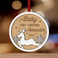 Personalised Double Layer Snowy Reindeer Wooden Baubles, Engraved Custom Name First Christmas Married/ Engaged/ Baby/ Santa Please Stop Here Hanging Tree Xmas, New Year Ornament, Decoration Gift Tags