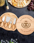 Personalised Round Wood Cheese Hinge Board & Knife Travel Set, Engraved Charcuterie Platter, Wedding Anniversary Corporate Housewarming Gift