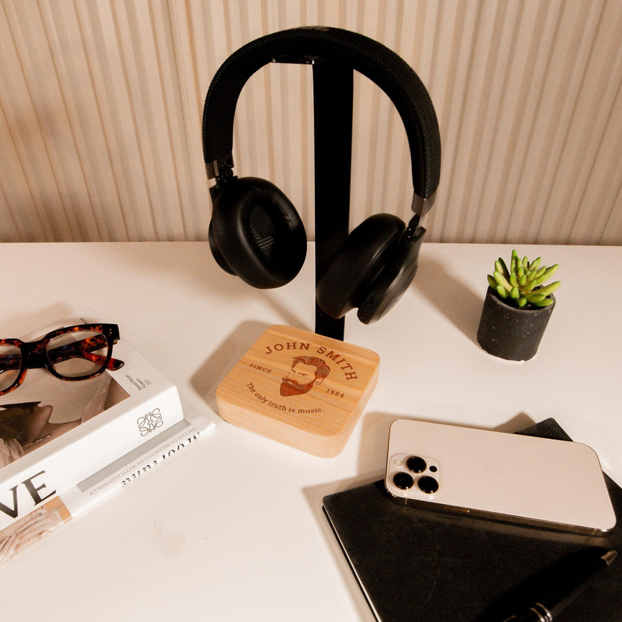 Personalised Wooden Headphone Stand Holder, Engraved Solid Ash Timber Office Desk Organiser, Custom Logo Music Lover, Gamer Gift for Him, Father, Dad, Birthday, Housewarming