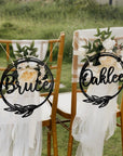 Personalised Wooden/ Mirror Acrylic Wedding Chair Sign for Reception, Custom Matching Pair of Couple Name Signage, Mr & Mrs, Groom & Bride, Hubby & Wifey, Husband & Wife Scribble Leaf Hoop, Rustic Event Photo Prop