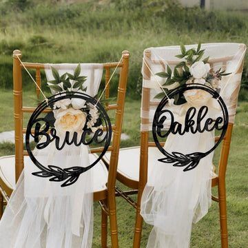 Personalised Wooden/ Mirror Acrylic Wedding Chair Sign for Reception, Custom Matching Pair of Couple Name Signage, Mr & Mrs, Groom & Bride, Hubby & Wifey, Husband & Wife Scribble Leaf Hoop, Rustic Event Photo Prop