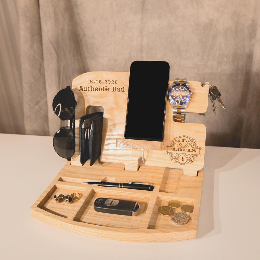 Personalised Oak Docking Station, Night Valet Stand, Wooden Phone & Watch Display, Headphone Holder, Custom Office Desk Charging Organiser, Gift for Him, Dad, Birthday, Housewarming