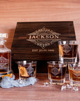 Engraved Wooden Boxed Whiskey Decanter Set & 4  Scotch Glasses, Personalised Custom Vintage Whisky Barware Birthday Gift Dad/ Him, Groomsmen