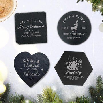 Christmas Engraved Slate Coasters, Custom Personalised Drink Mat, Restaurant, Wedding/ Birthday/ Xmas New Year Present, Corporate Housewarming Gift