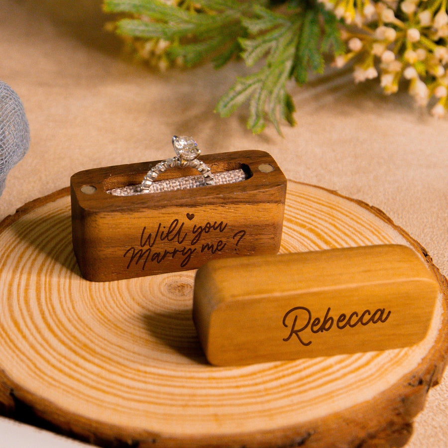 Personalised Wooden Engagement Proposal Ring Bearer Box, Custom Engraved Wedding Single Slot Solid Walnut Rectangle Ring Holder Storage, Anniversary Gift 