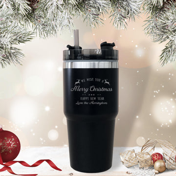 Christmas Personalised Insulated Tumbler Straw Set, Engraved Xmas/ New Year Custom Travel Thermal Bottle Cup, Corporate Birthday Gift, Flask
