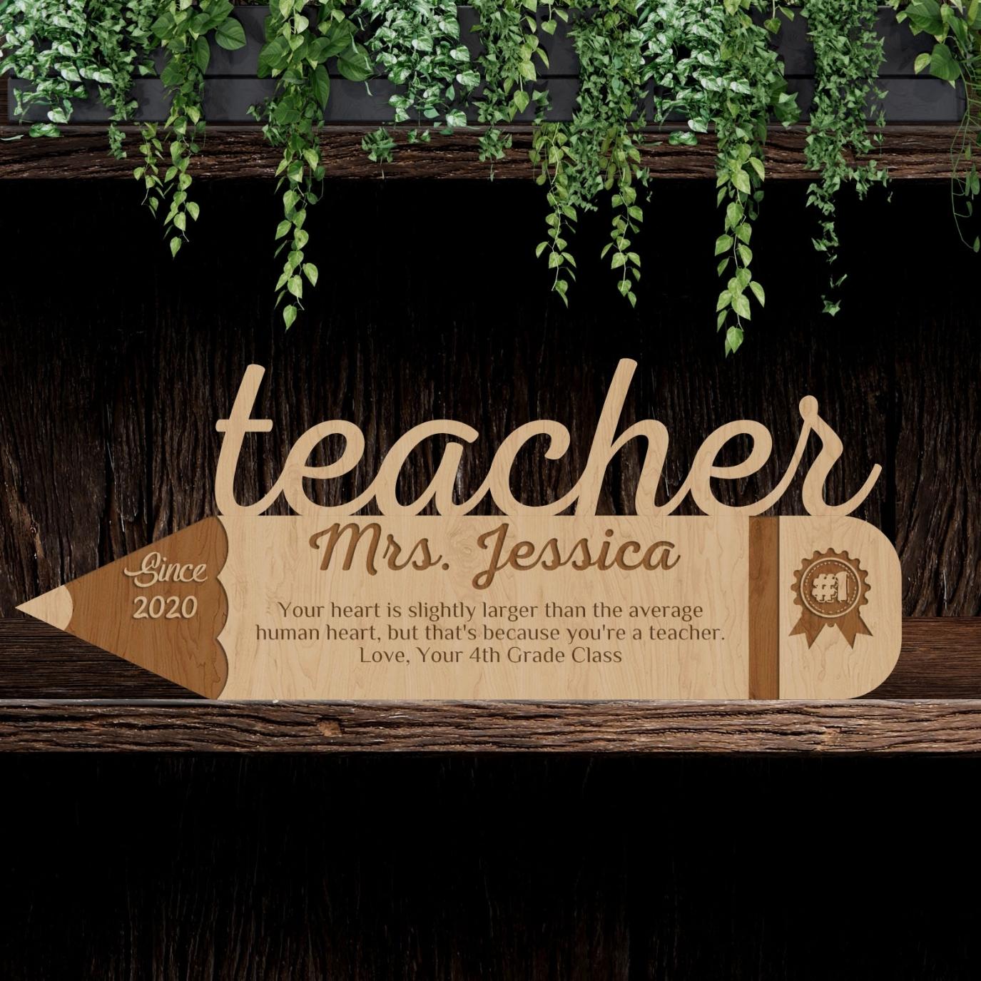 Personalised Number One Teacher Pencil Sign, Trophy Wooden Keepsake, Customised Gifts for #1 Lecturer Award, Appreciation School Day Signage