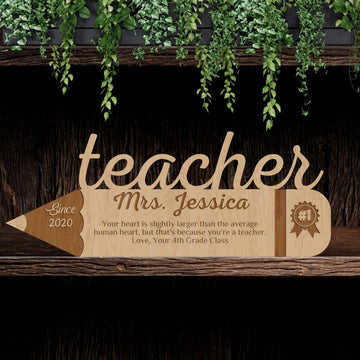Personalised Number One Teacher Pencil Sign, Trophy Wooden Keepsake, Customised Gifts for #1 Lecturer Award, Appreciation School Day Signage