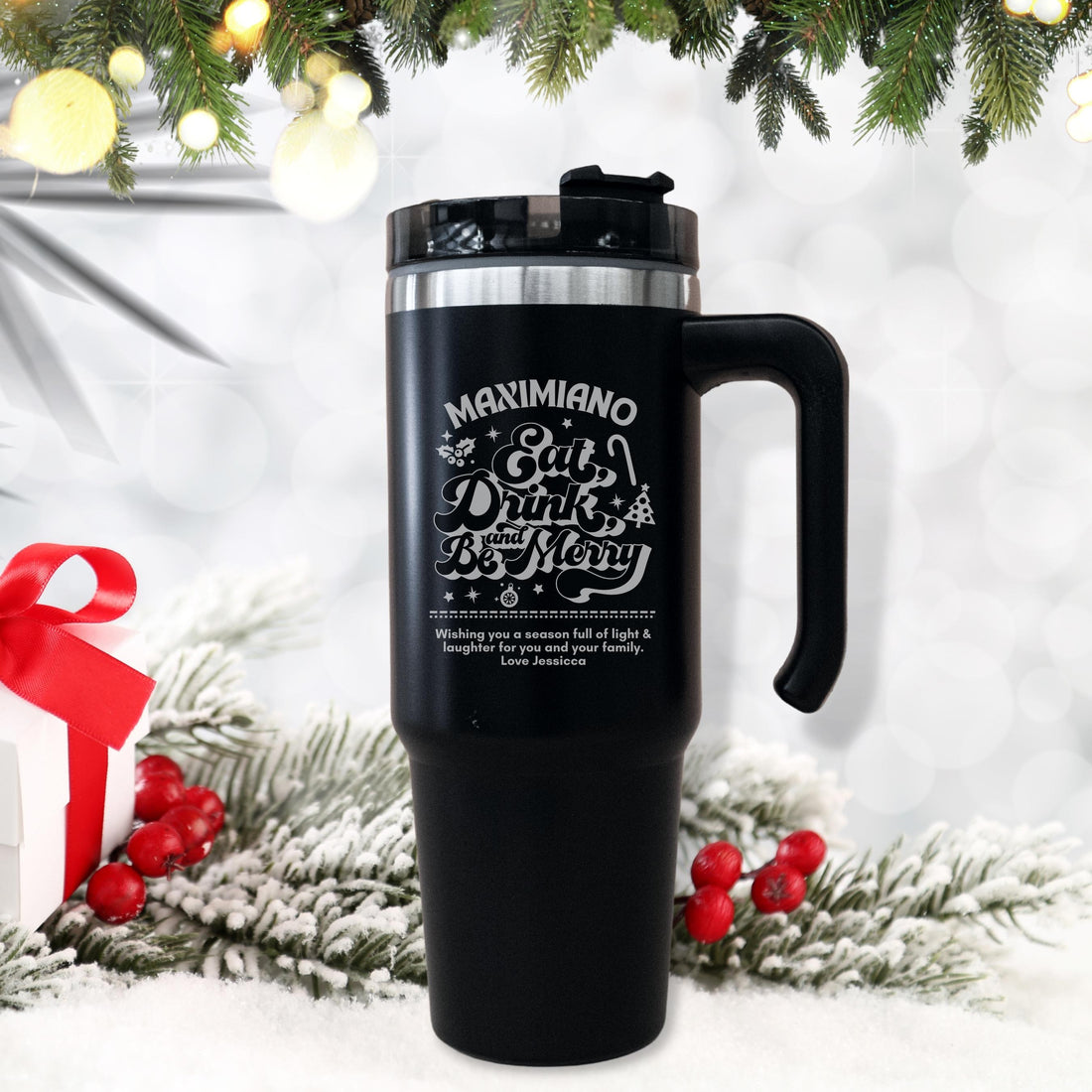 Christmas Personalised Insulated Handle Tumbler Straw Set, Engraved Xmas New Year Custom Logo Travel Drink Bottle, Car Cup, Corporate Gift